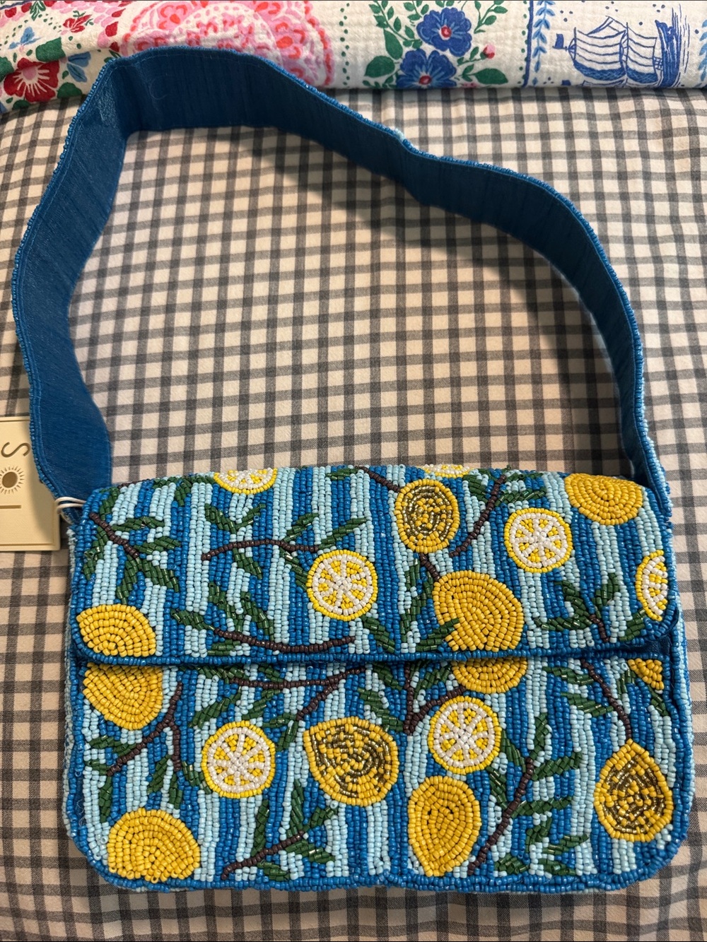 Hand-Beaded Blue Lemon Motif Shoulder Bag